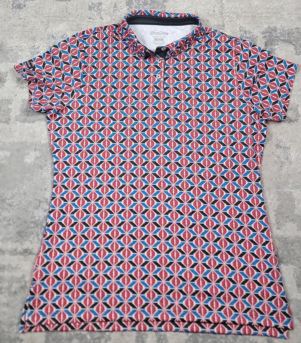 Good Good Women's Geometric Print Golf Performance Stretch Polo Shirt Sz Med